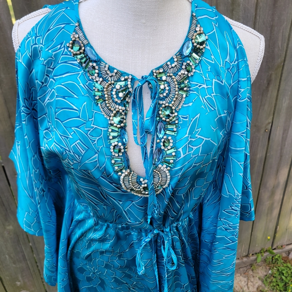 Badgley Mischka Jewel Neck Cold Shoulder Blue Floral  Silk Maxi Dress Kaftan